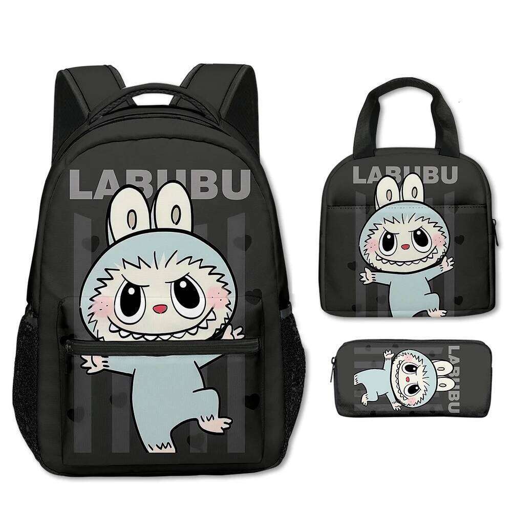 Classic Popular Novelty Labubu 3D Printed 3Pcs/Set Student School Bags Travel Notebook Backpack Portable Lunch Bag Pencil Case