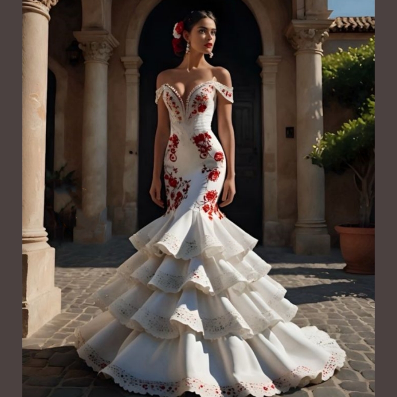 Elegant Mermaid Evening Dresses Ruffles Tiered White And Red Reception Gown Floral Lace Applique Flamenco Prom Dress