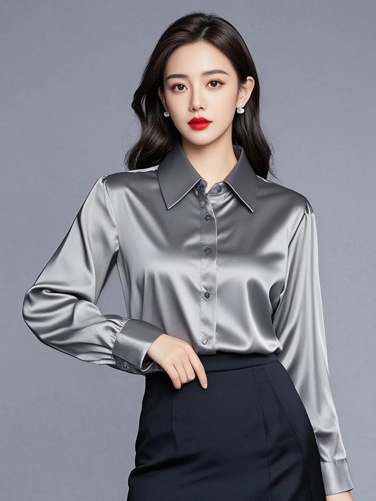 Elegant Silk Office Shirts Women Korean Fashion Y2k Clothes Slim Long Sleeve White Black Blusas Mujer Workwear Tops and Blouses 250617