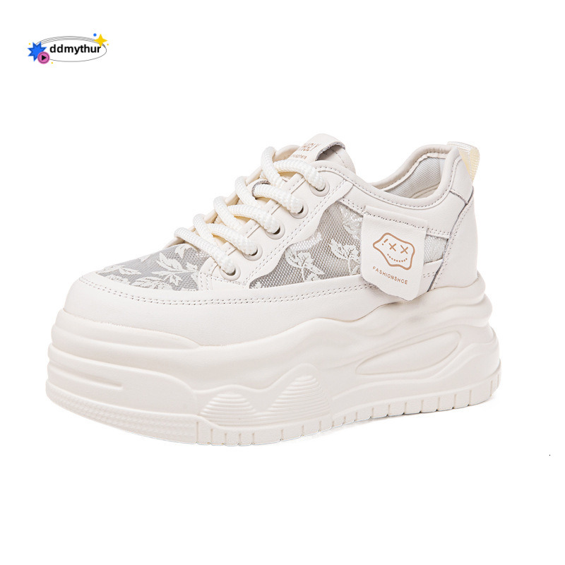 Genuine Leather White Sneakers for Women New Style Single Mesh Breathable Thick Sole Height Increasing Sports Casual Versatile Platform Shoes ddmythur