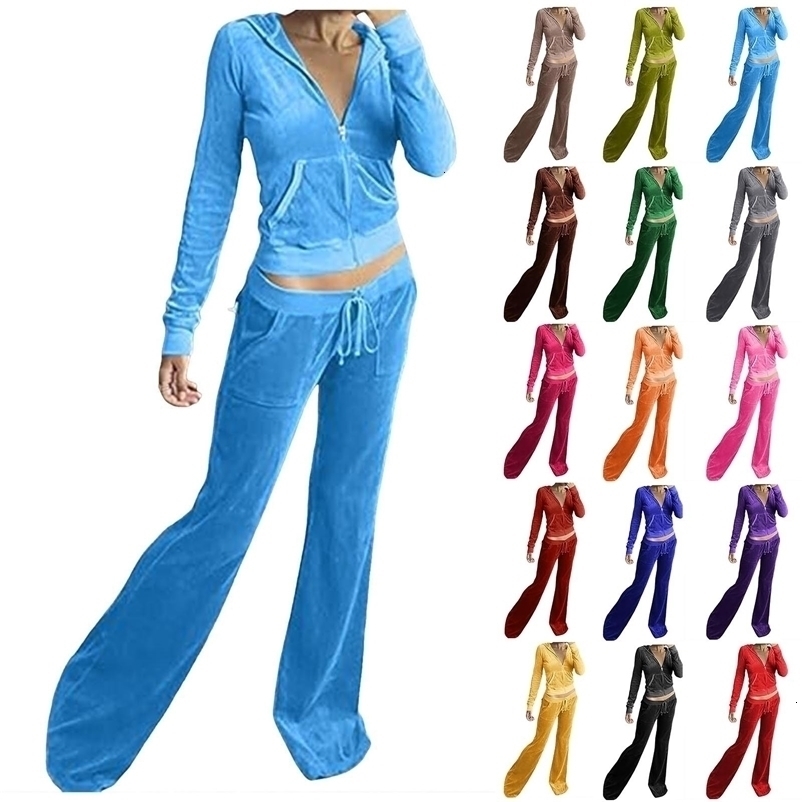 Women Velvet Jogging Suit Autumn Casual Velour Hoodie Cropped Top Jacket With Wide Leg Pants Tracksuits Womens Two Piece Set 250617