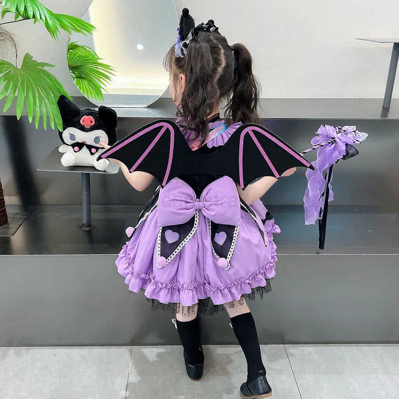 Sanrio 2024 Cosplay Sanrio Kuromi Lolita Princess Dress Children Birthday Party Costume Summer Bow Puffy Skirt Dress Suit Girls Gift XJ250618