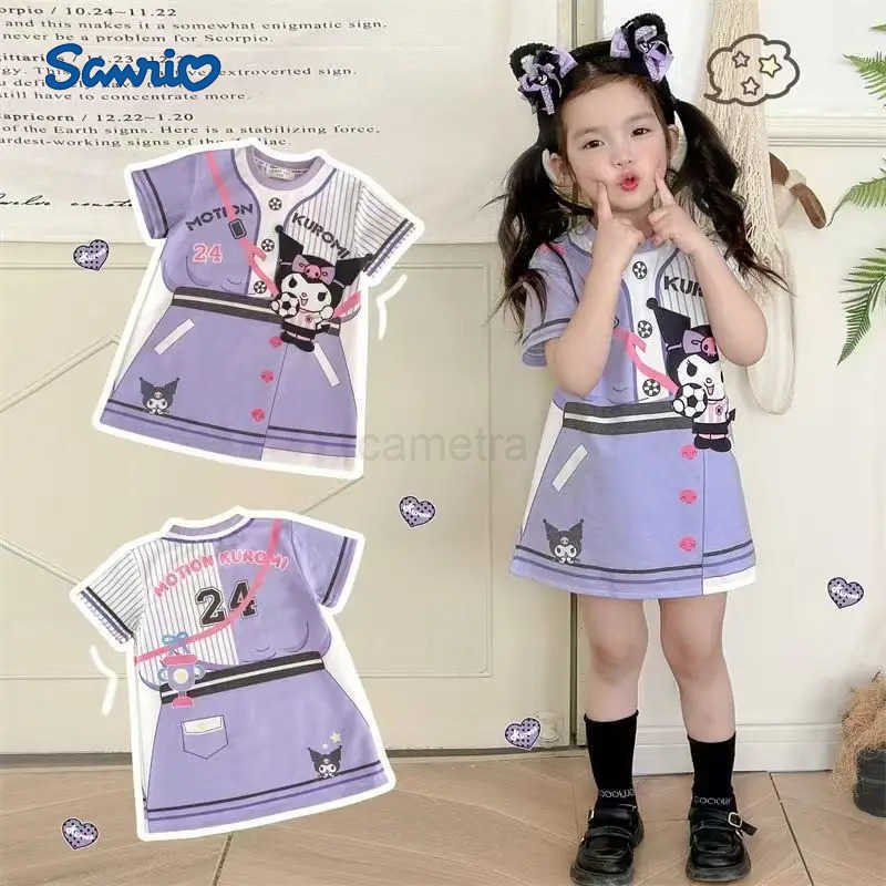 Sanrio Cute Casual Girls Dress 2025 Summer Children Cartoon Sanrio Short Sleeve Kuromi Dresses Toddler Sweet Princess Dresses ClothesXJ250618