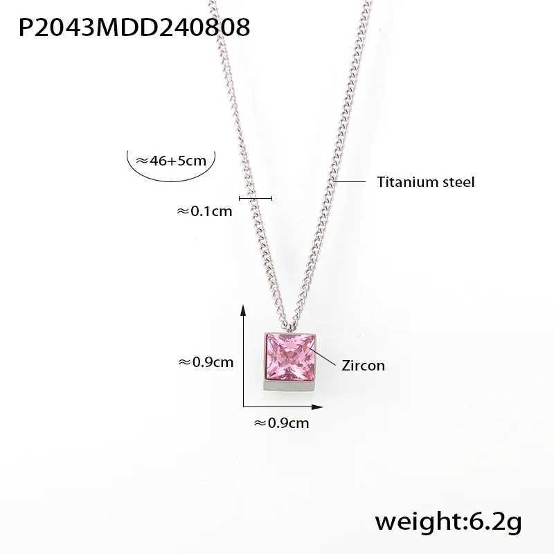 Elegant Square Pink Zircon Pendant Necklace for Women Simple Stainless Steel O Chain Waterproof Daily Jewelry Wholesale W250618