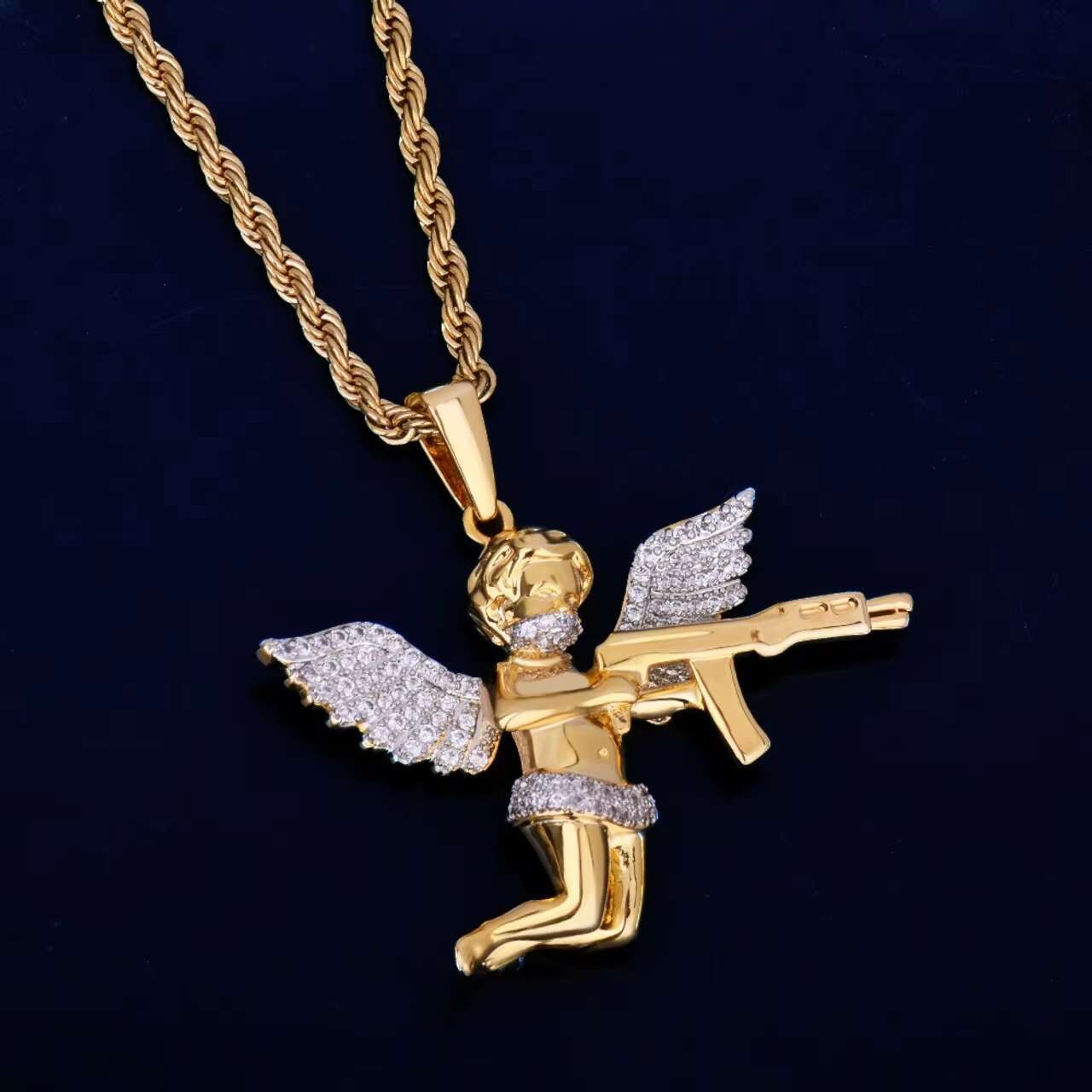 18K Gold Ak47 Guardian Angel Cherub Hip Hop Moissanite Pendant Chain Necklace