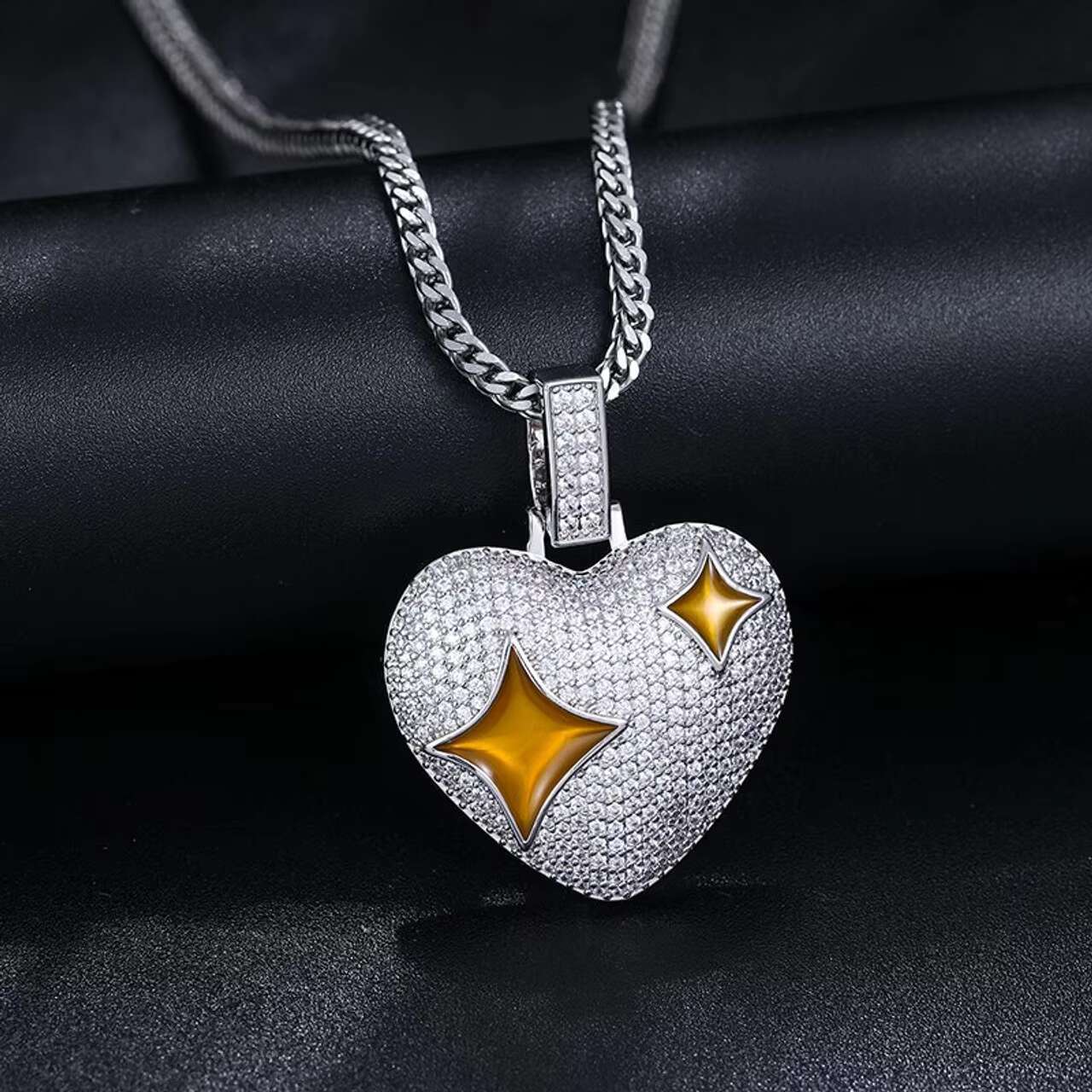 New Trendy VVS Moissanite Diamond Star in Heart Pendant Necklace 925 Sterling Silver Hip Hop in Style