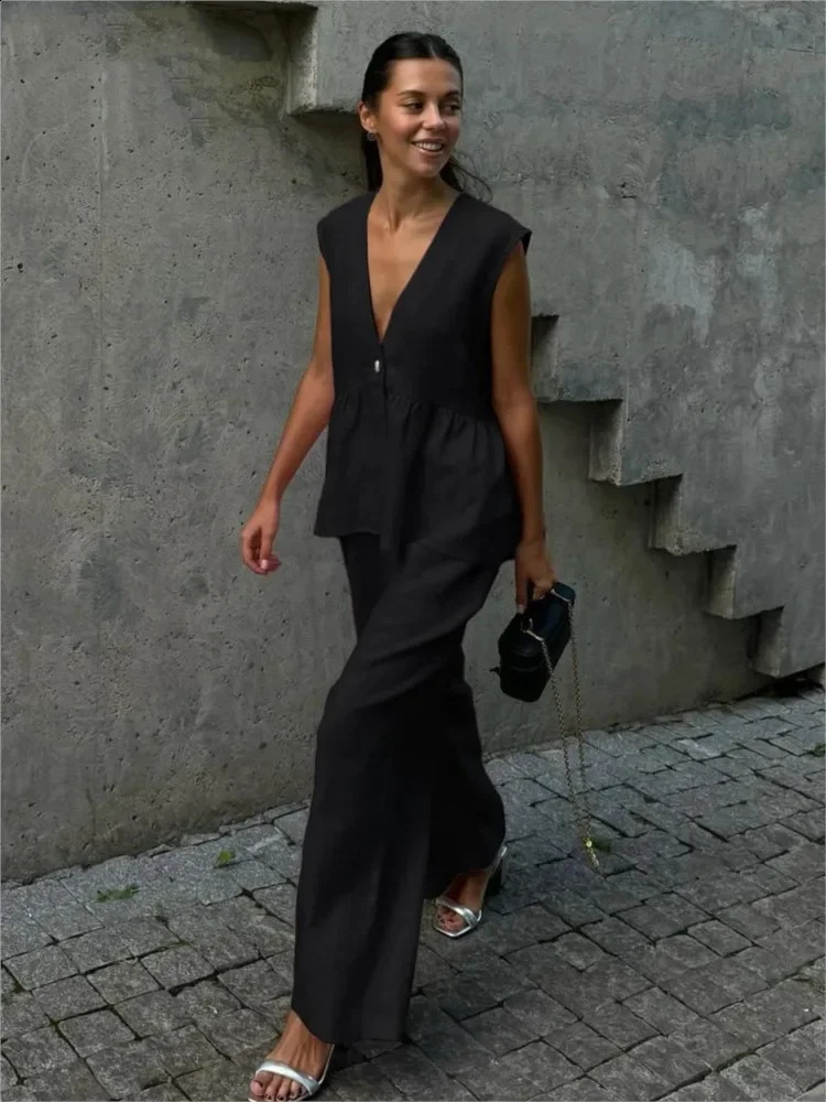 Summer Chic Womens Set Solid Color Cotton Linen Two Piece Set Fashion Ruffles Sleeveless Tank Top With Wide Pants Outfit Female 250617