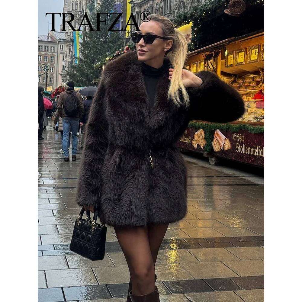 TRAFZA Winter Coat Woman Trendy Solid Turn Down Collar Long Sleeves Belt Decoration Female Vintage Thick And Warm Outerwear