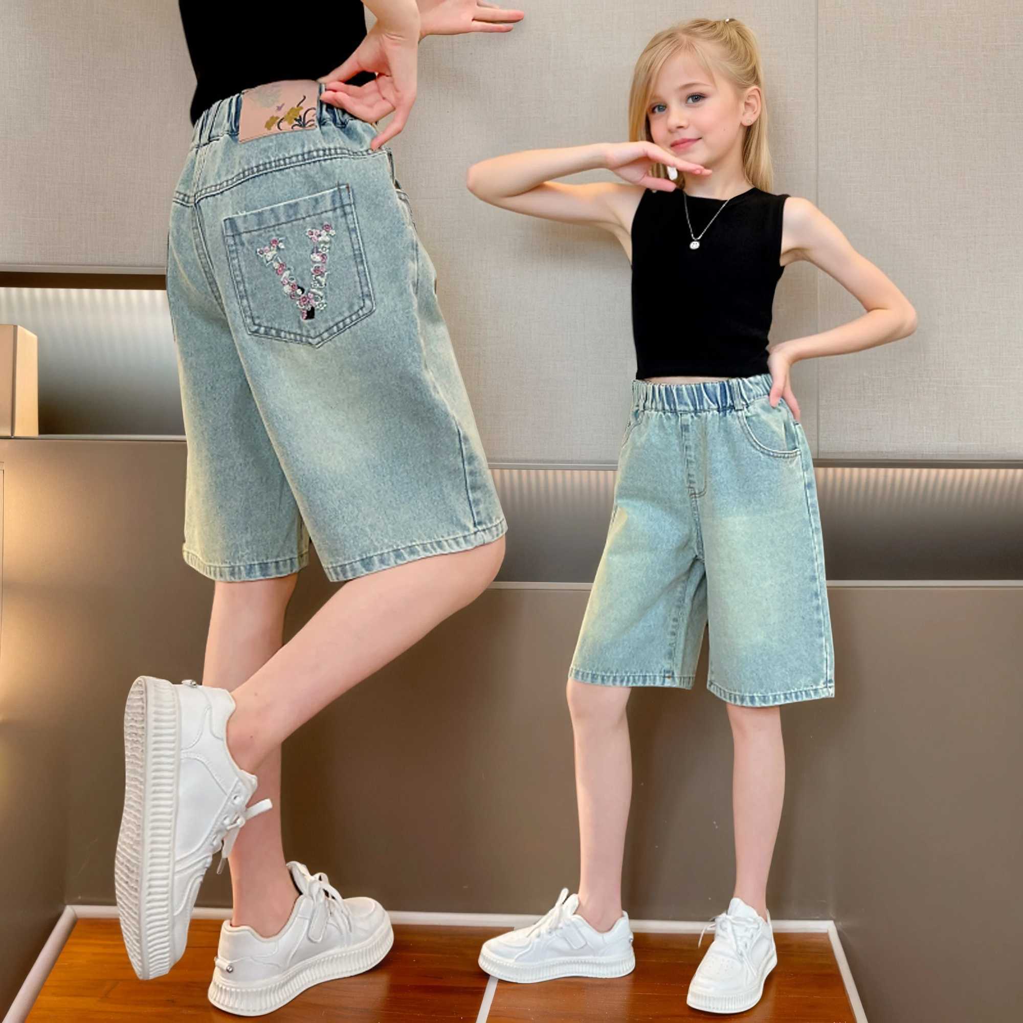 Girls back pocket letter mid-pants fashionable and versatile medium-sized childrens waist wide-leg pants casualC250617