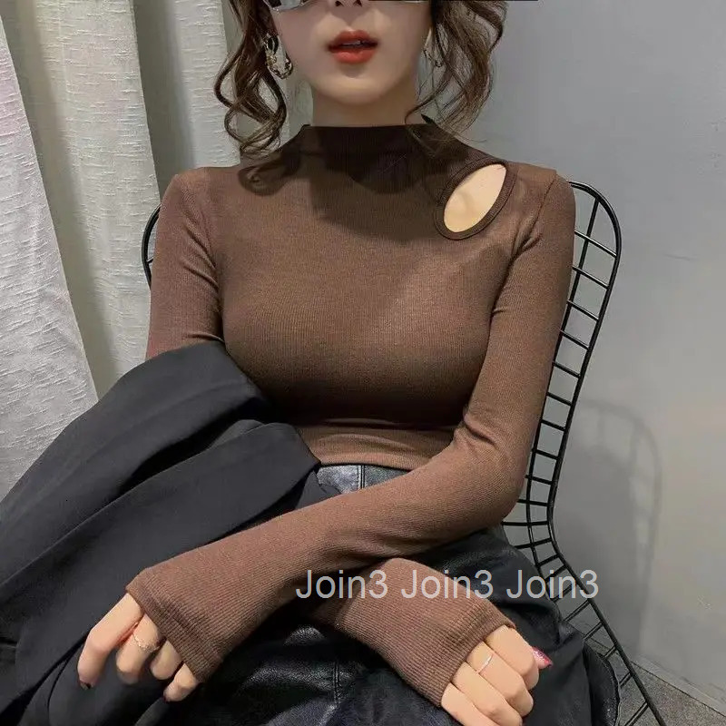 Womens T Shirts Skinny 2025 Tshirts Brown Turtleneck Female Tops White Clothes New in Emo Old Novelties Wholesale Alt Tall Tees