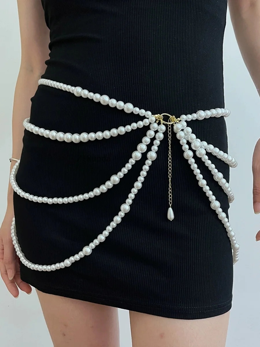 Multi-layer pearl waist chain Versatile retro sweet decorative fringed belt sweater dress accessories 250618