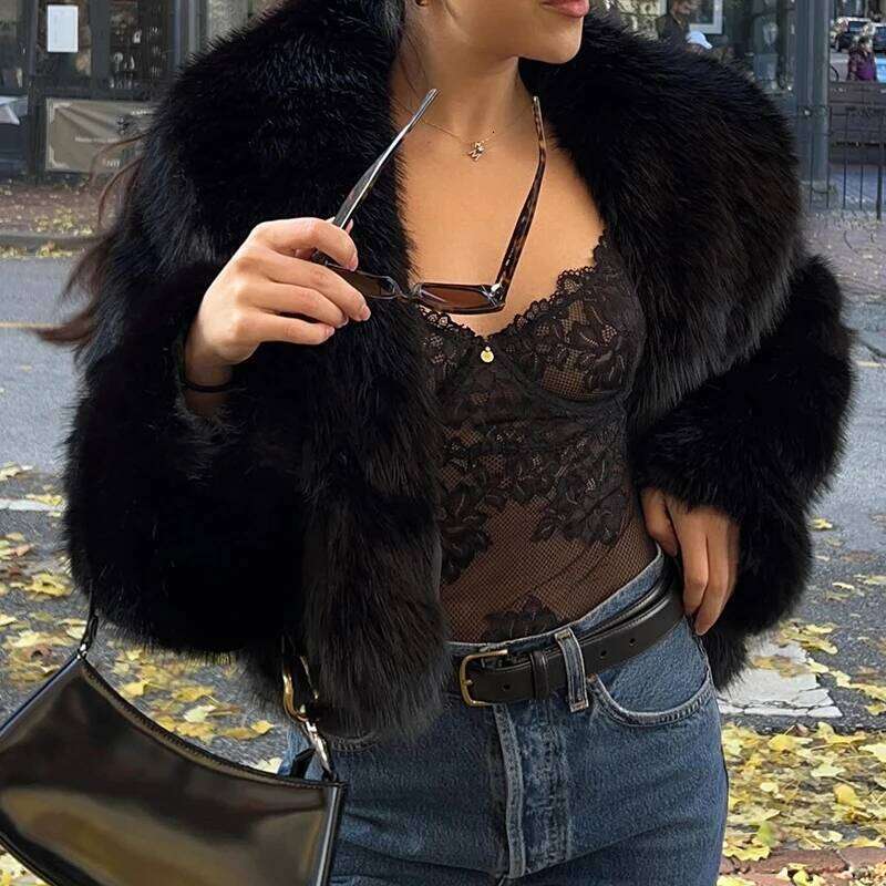 Neo Mint Street Fashion Shawl Collar Faux Fox Coat Women 2024 Winter Cool Girls Black Short Fur Jacket Vintage Chic Overcoat