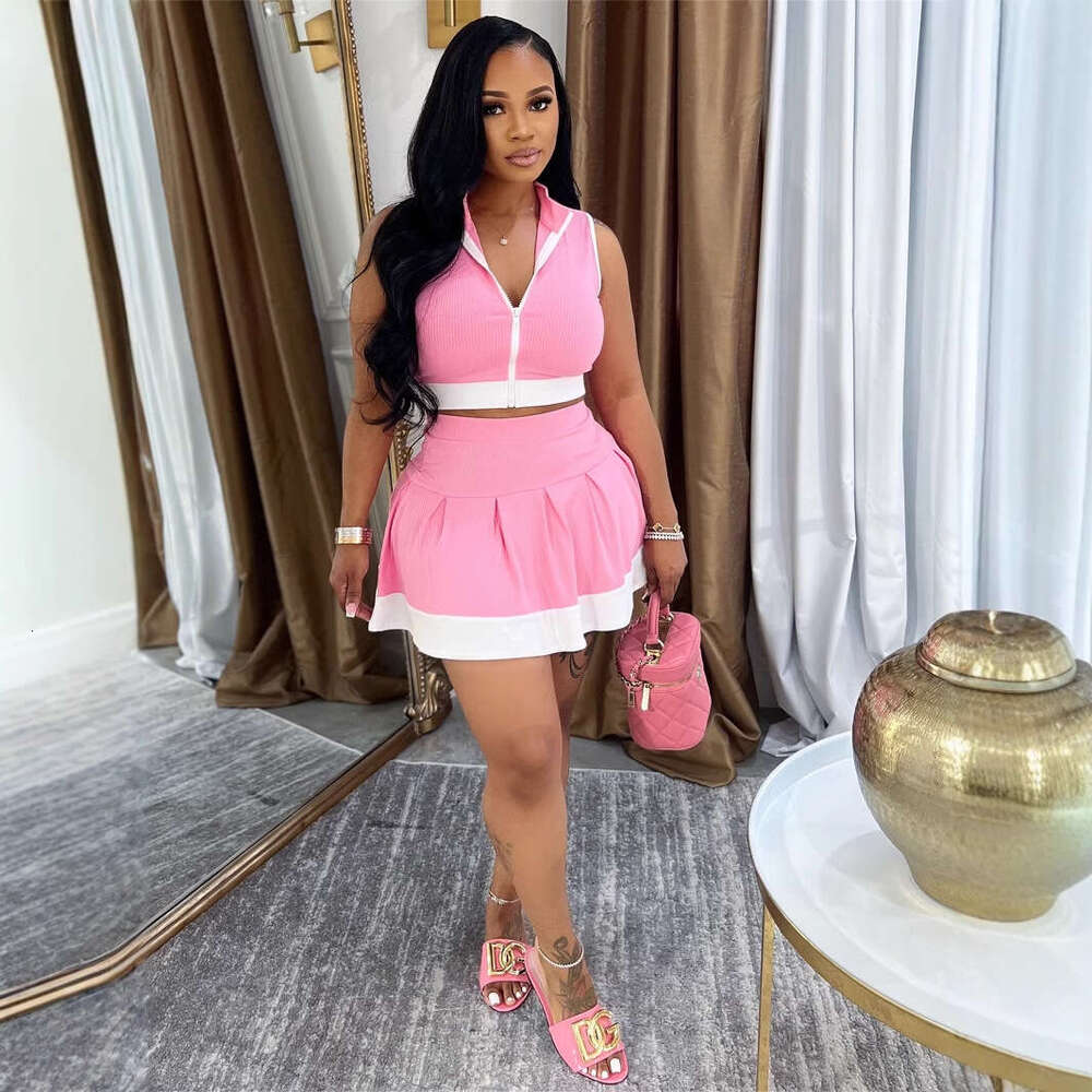 Summer Solid Color Zipper Single Sleeveless Top Waist-Length Casual Short Skirt Set For Women B5