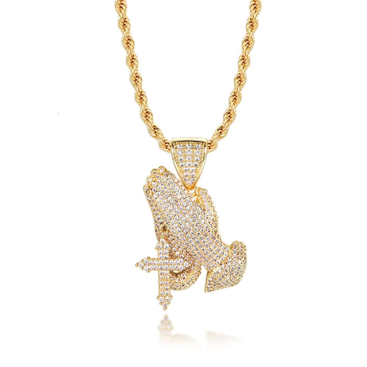 Mens Trendy 14K Gold Plated Moissanite Diamond Pendant Necklace Hip Hop Style with Praying Hands Design Fashion Jewelry