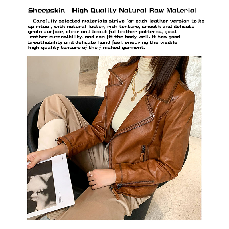 Womens Leather Jacket with Short Suit Collar - Customizable Motorcycle Style