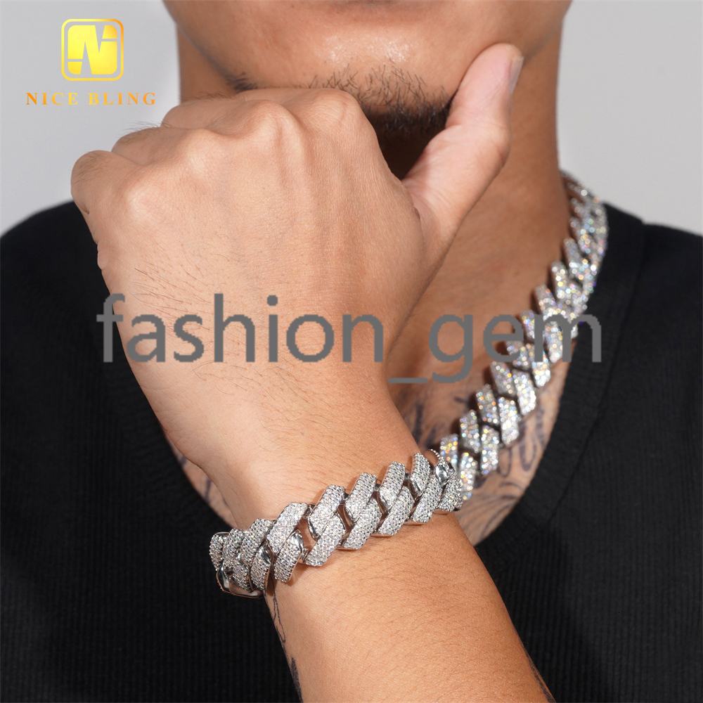 Fancy Design Fashion Hip Hop Jewelry 18mm 925 Sterling Silver Iced Out VVS Moissanite Diamond Cuban Link Chain Bracelet Necklace