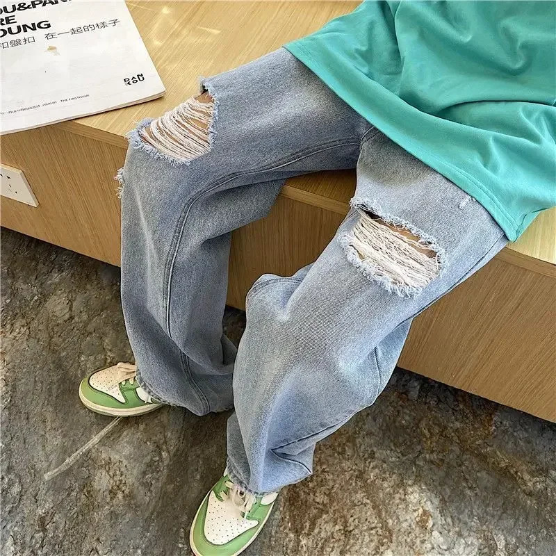 Mens Jeans Broken Black Torn Man Cowboy Pants Ripped Trousers Straight with Holes Clothes Y2k 2000s Summer High Quality Baggy 250618