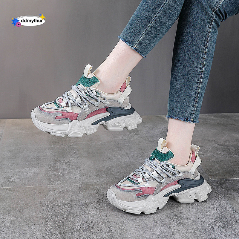 Top Layer Cowhide Dad 2025 Spring and Autumn New Platform Thick Sole Height Increasing Casual Sports Shoes for Petite Women ddmythur