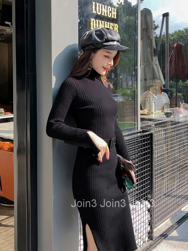 Womens Dresses Crochet Knee Length Brown Knit Clothing Cover Up Solid Turtleneck Bodycon Midi Female Dress M Autumn and Winter