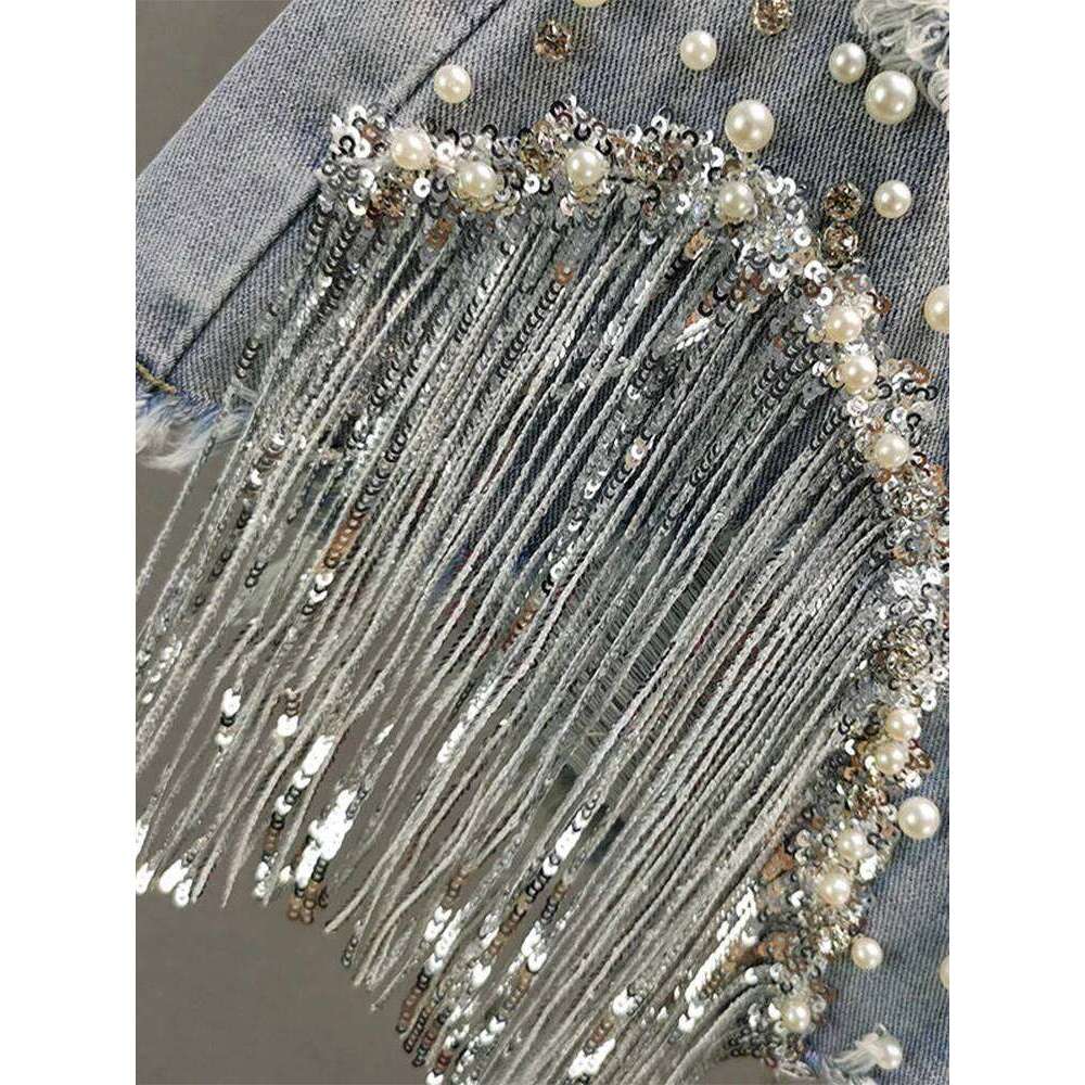 Wear Summer Elegant Lady Tassel Beading High Waist Wide Leg Denim Female Casual Solid Shorts Jeans For Women Clothing