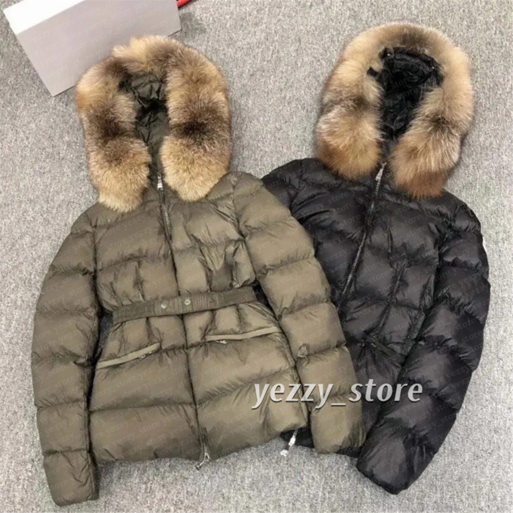 Designer Winter Women's down Jacket Fox Fur collar Embroidered Boed badge Warm Fashion Jacket with Belt Women's cotton coat with large pockets tucked in waist A05
