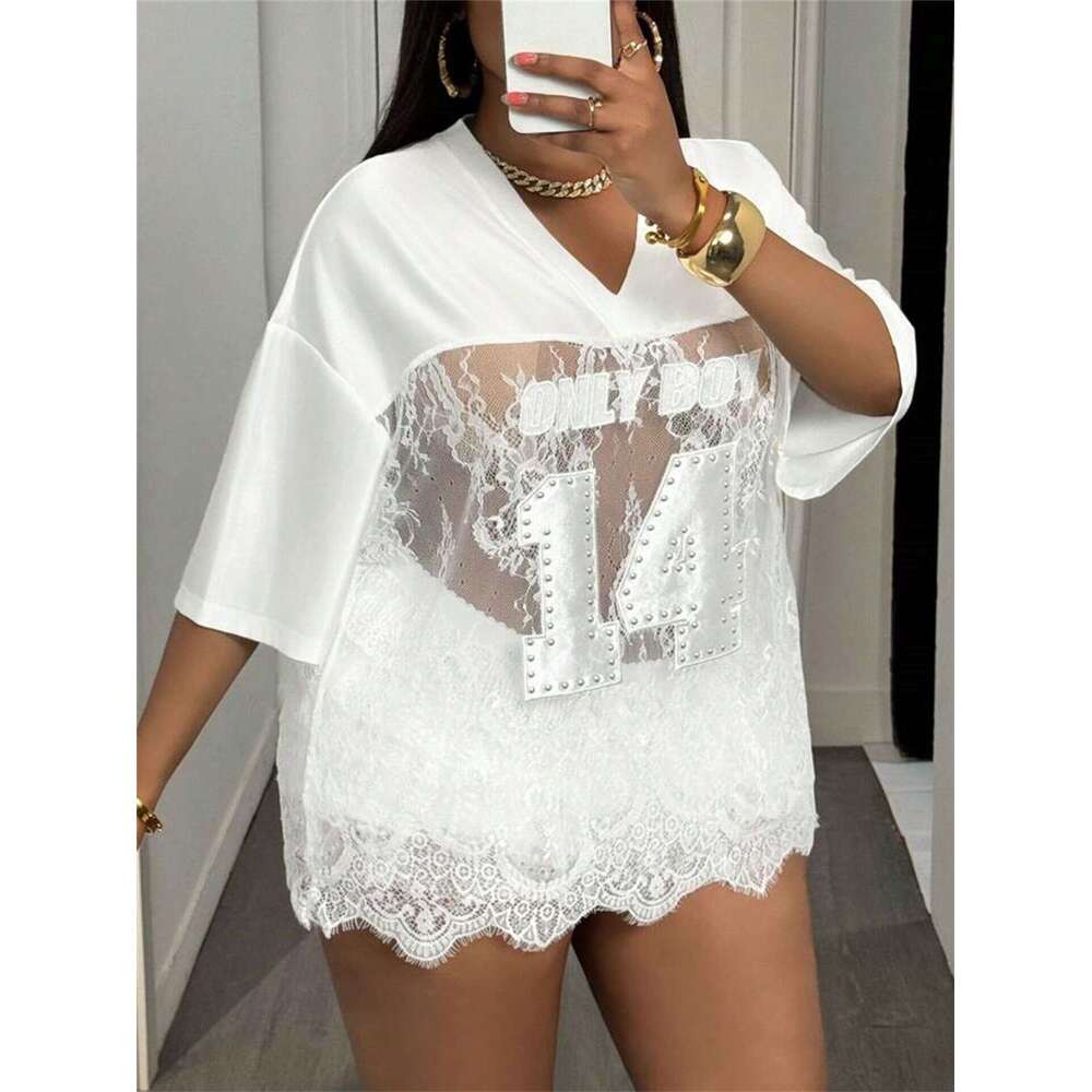 Summer New Women's Printed Loose Casual Street Style Sheer Sexy Lace Patchwork Top B5