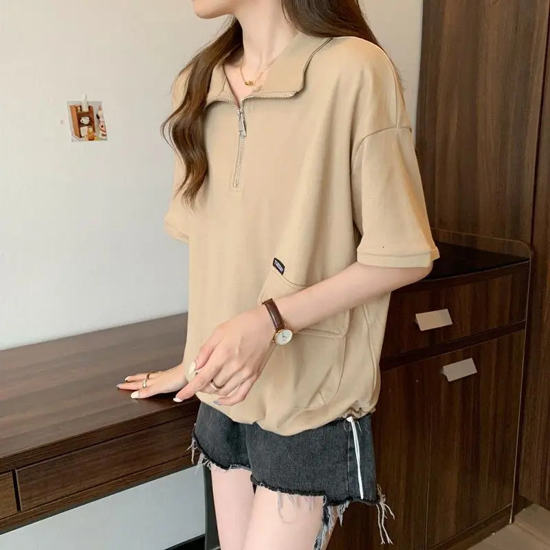Polo Zipper T Shirts Women Summer Casual Loose Short Sleeve Pullover 2025 Korean Lady Fashion Shirring Black Tops 250617