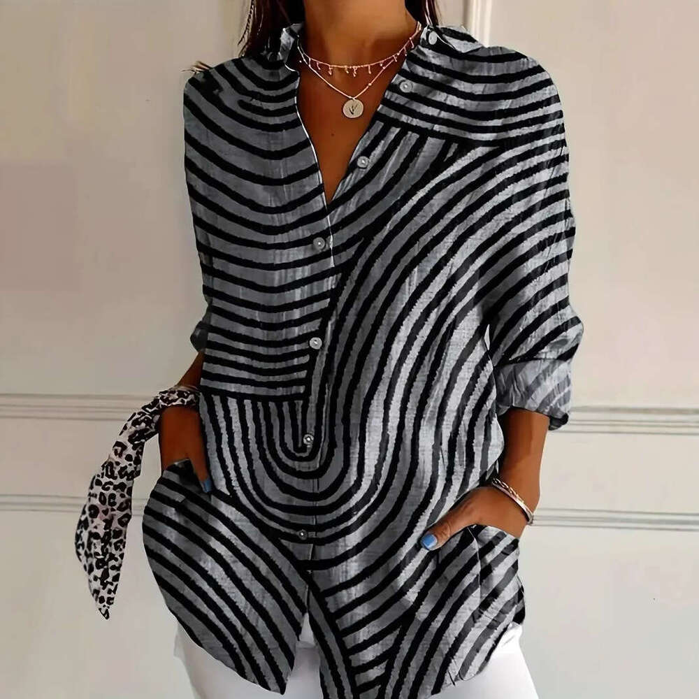 Spring New Turn-Down Collar Mid-Sleeve Casual Shirt Women's Creative Floral Print Blouse B5