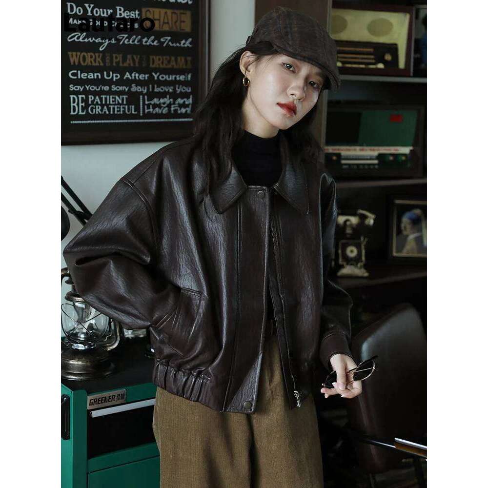 Lautaro Spring Autumn Cool Handsome Short Brown Hard Pu Leather Jacket Women Zipper Long Sleeve Designer Clothes