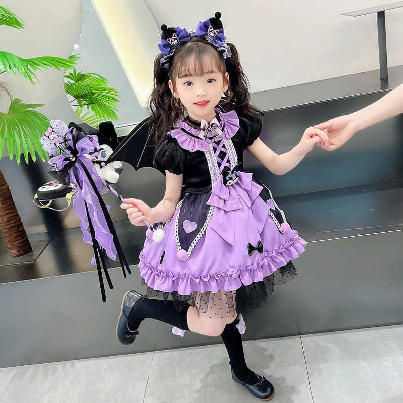 Sanrio 2024 Cosplay Sanrio Kuromi Lolita Princess Dress Children Birthday Party Costume Summer Bow Puffy Skirt Dress Suit Girls Gift XJ250618