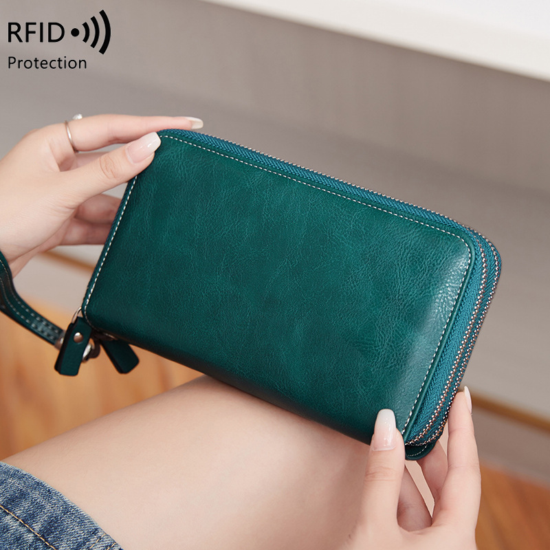 Free Shipping New RFID Anti-theft Women's Wallet Double Zipper Long Designer Wallet European And American Retro Large Luxury Capacity Clutch Fash