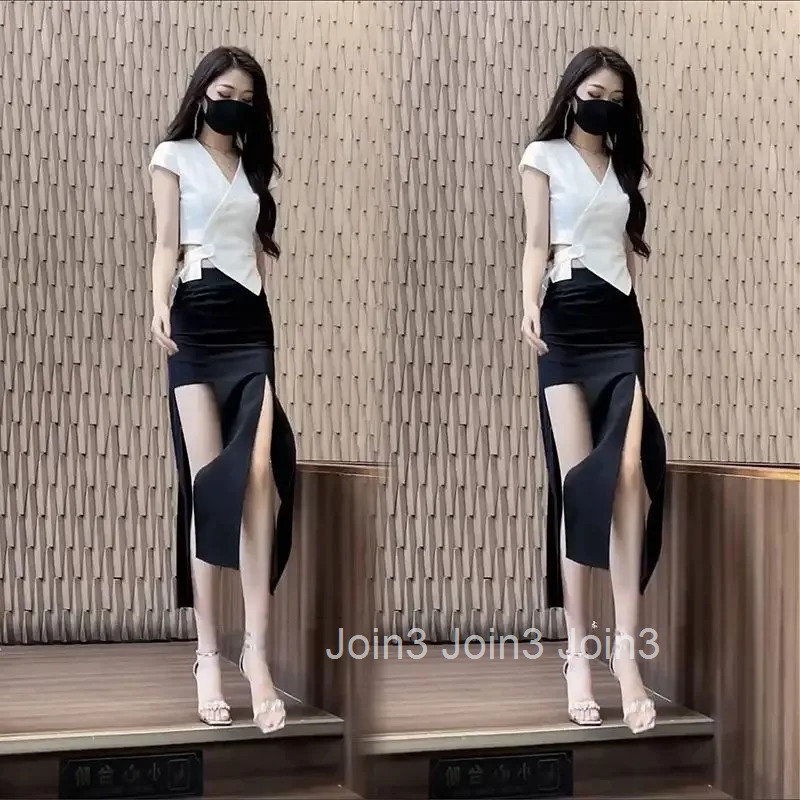 Slit Skirt Short Sleeve 2 Pieces Sets for Women Sexy Woman Outfit Clothing Trend 2025 The New Function of Matching Korea Co Ord
