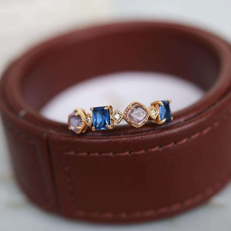 Light Luxury Style New Natural Amethyst Blue Topaz for Women Silver Gold Plated Luxurious Ring