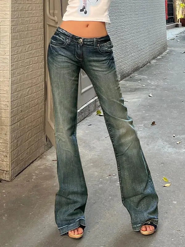 Fashion Womens Denim Flare Leg Jeans 90s Low Rise Vintage Pants Club Street Style S M L 250617