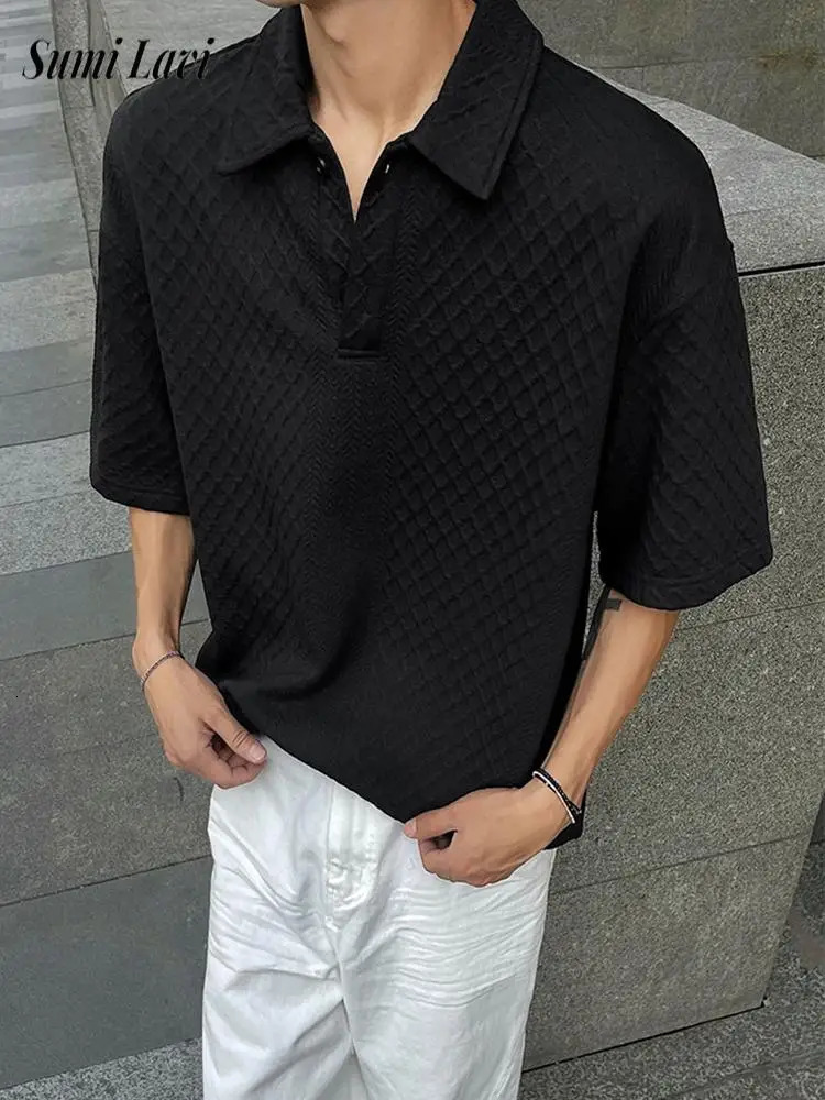 Fashionable Mens Short Sleeve Plaid Texture Polos 2025 Summer Casual Buttoned Lapel Polo Shirt For Men Outdoor Vintage Polo Tops 250617