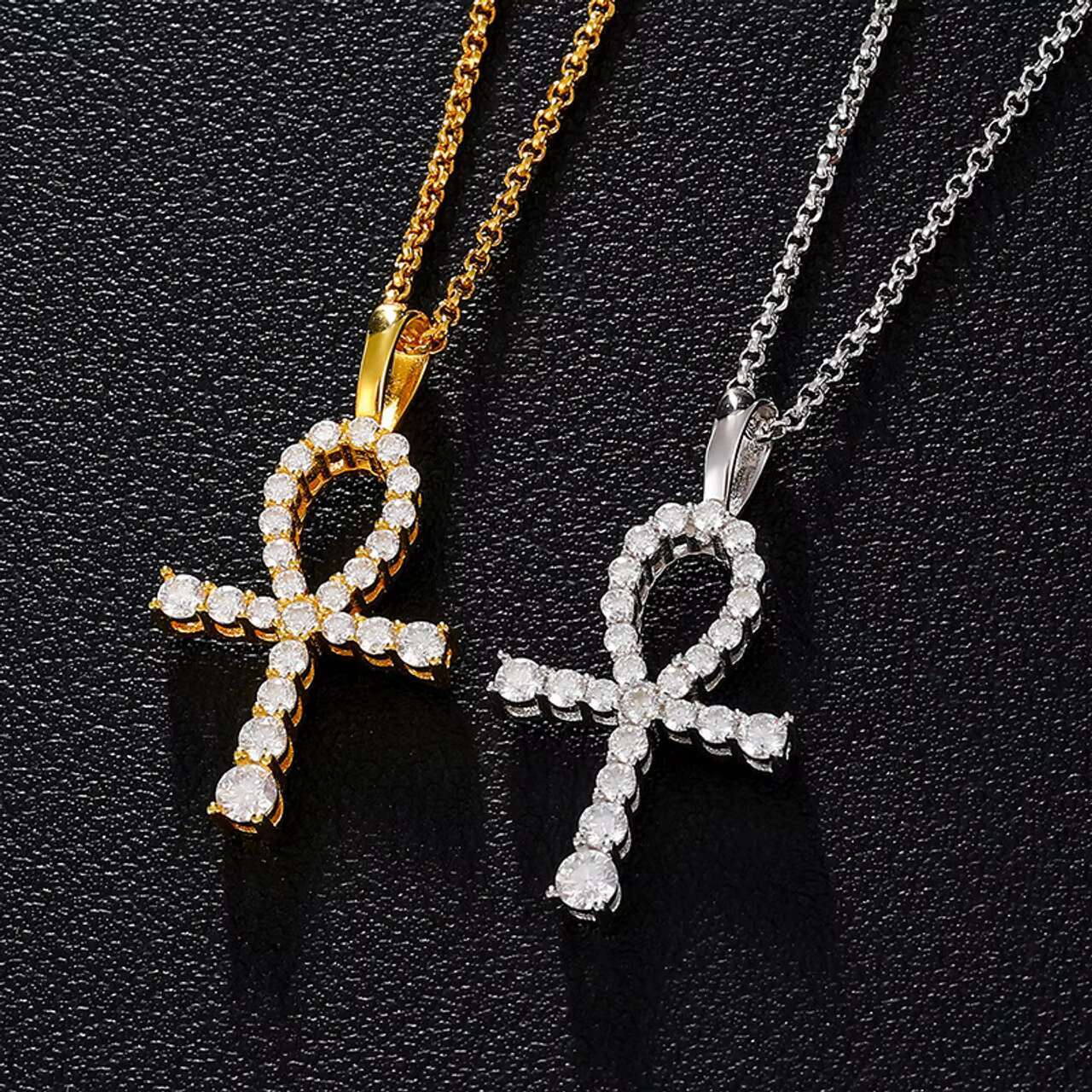 New Arrival European Vintage Egyptian Jewelry Sterling Silver Hip Hop Ankh Cross Pendant Moissanite Necklace Pendants Charms