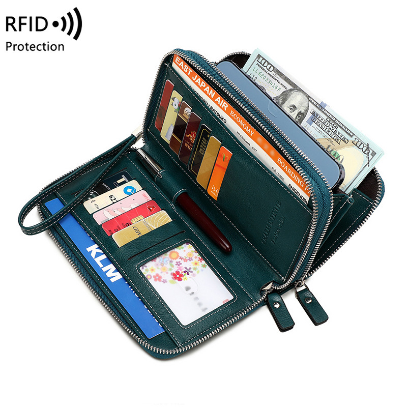 Free Shipping New RFID Anti-theft Women's Wallet Double Zipper Long Designer Wallet European And American Retro Large Luxury Capacity Clutch Fash