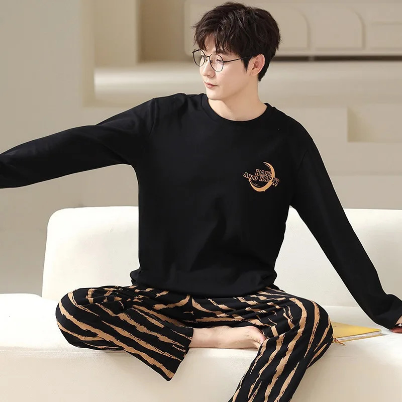 Men Pajama Set Simple Loose Breathable Cotton Pajamas Round Neck Student Loungewear Plaid Striped Trousers Can Be Worn Outside 250618