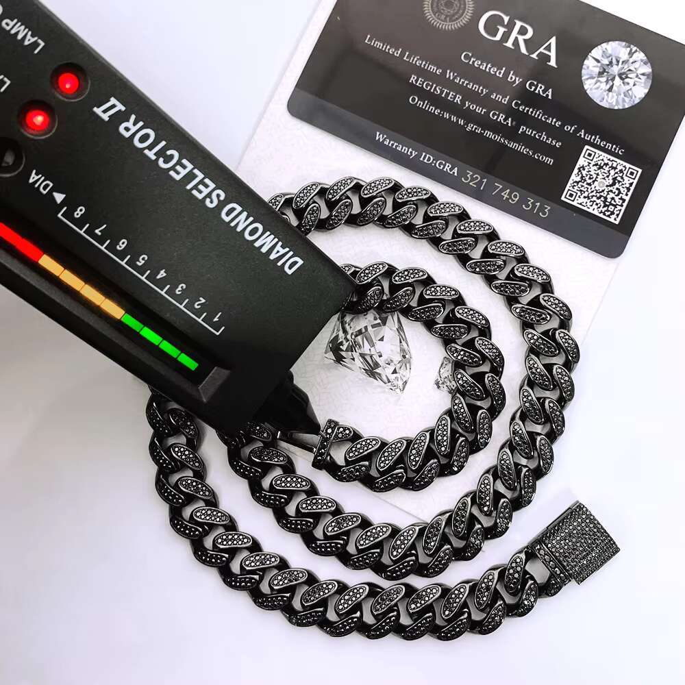 Hiphop Jewelry Iced Out Moissanite Cuban Chain Cuban Link Chain Moissanite S925 Silver 12mm Black Plated Two Row Vvs Black GRA