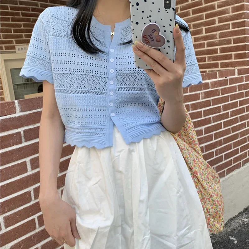 Chic Knitted Hollow Out Tshirts Women Summer Button Up Short Sleeve Crop Tee Woman All Match Round Neck T Shirt Female 250614