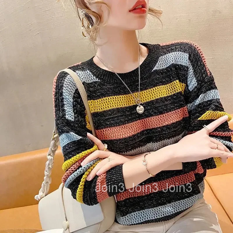 Womens Sweater Round O Neck Knit Tops for Woman Blue Mesh Pullovers Y2k Vintage Trend 2025 Korean Luxury Cold Winter Fashion