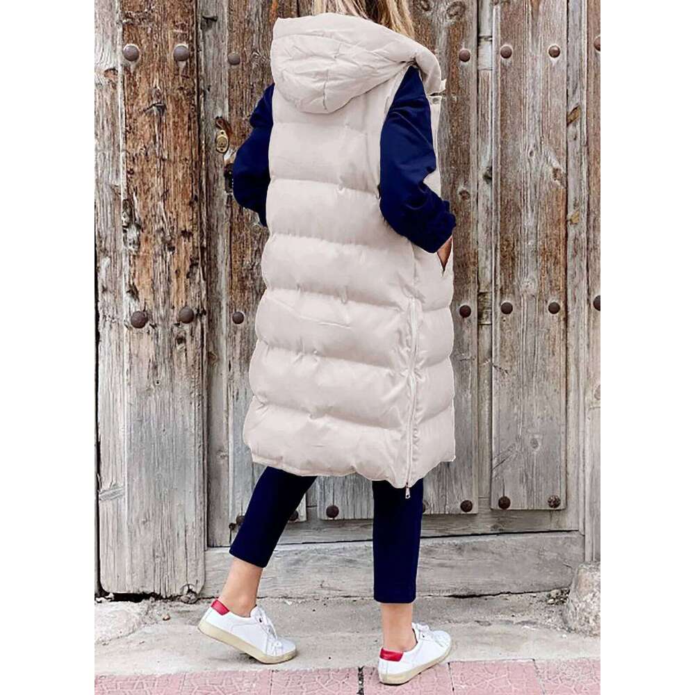 Women's Long With Hood Autumn Winter Sleeveless Warm Cotton Coat Waistcoat Quilted Vest Down Jacket Outwear 5Xl