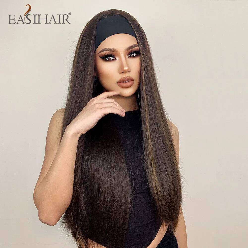 EASIHAIR Synthetic Long Straight Brown Highlight Golden Headband Wigs for Black Women Daily Cosplay Heat Resistant