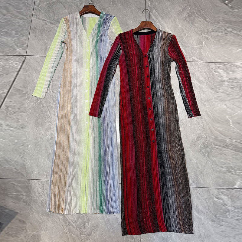 Summer New Women's Sequin Maxi Cardigan Dress Fashion Long Sleeve V-Neck Button Front Ankle Length Striped Two Colors Classic Luxury Clothes S064
