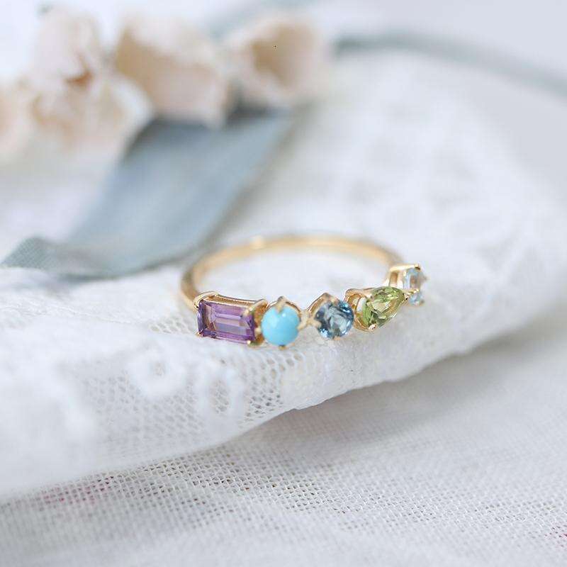 Natural Olivine Turquoise Blue Topaz Amethyst Geometric Ring Adjustable Gold Plated