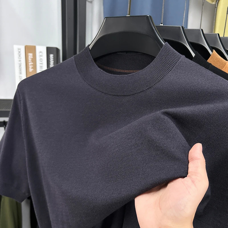 Silk Wool Men Basic Tops Spring Summer Casual Mock Neck Thin Knit Tshirt Short Sleeve Knitwear Pullover Slim Shirts 250617