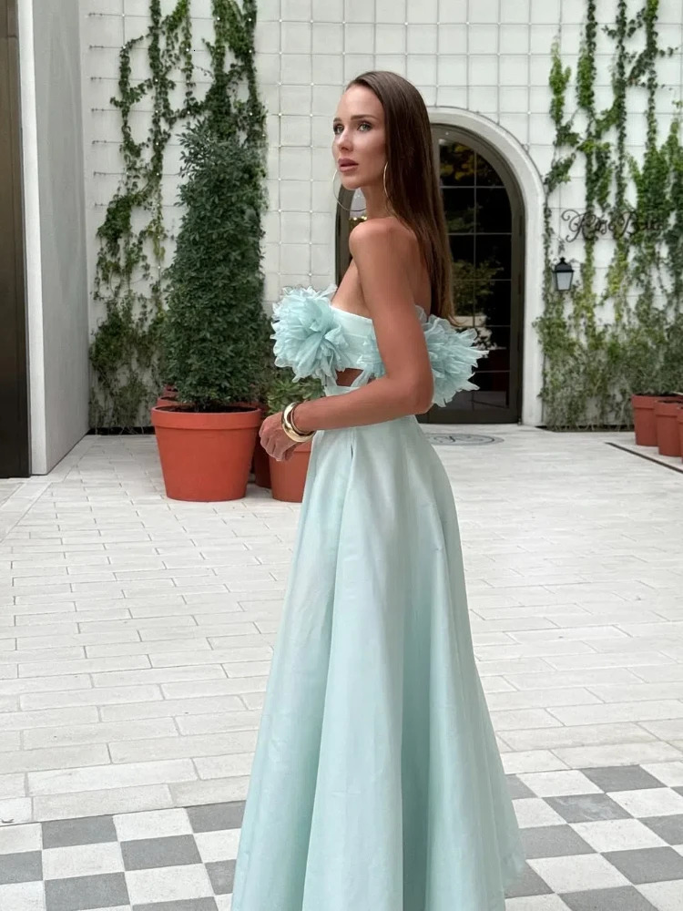 Sexy Pleated Flower Strapless Top Maxi Skirt Set Women Fashion Sleeveless Solid Shirt High Waist Skirts Sets Female Holiday Chic 250617