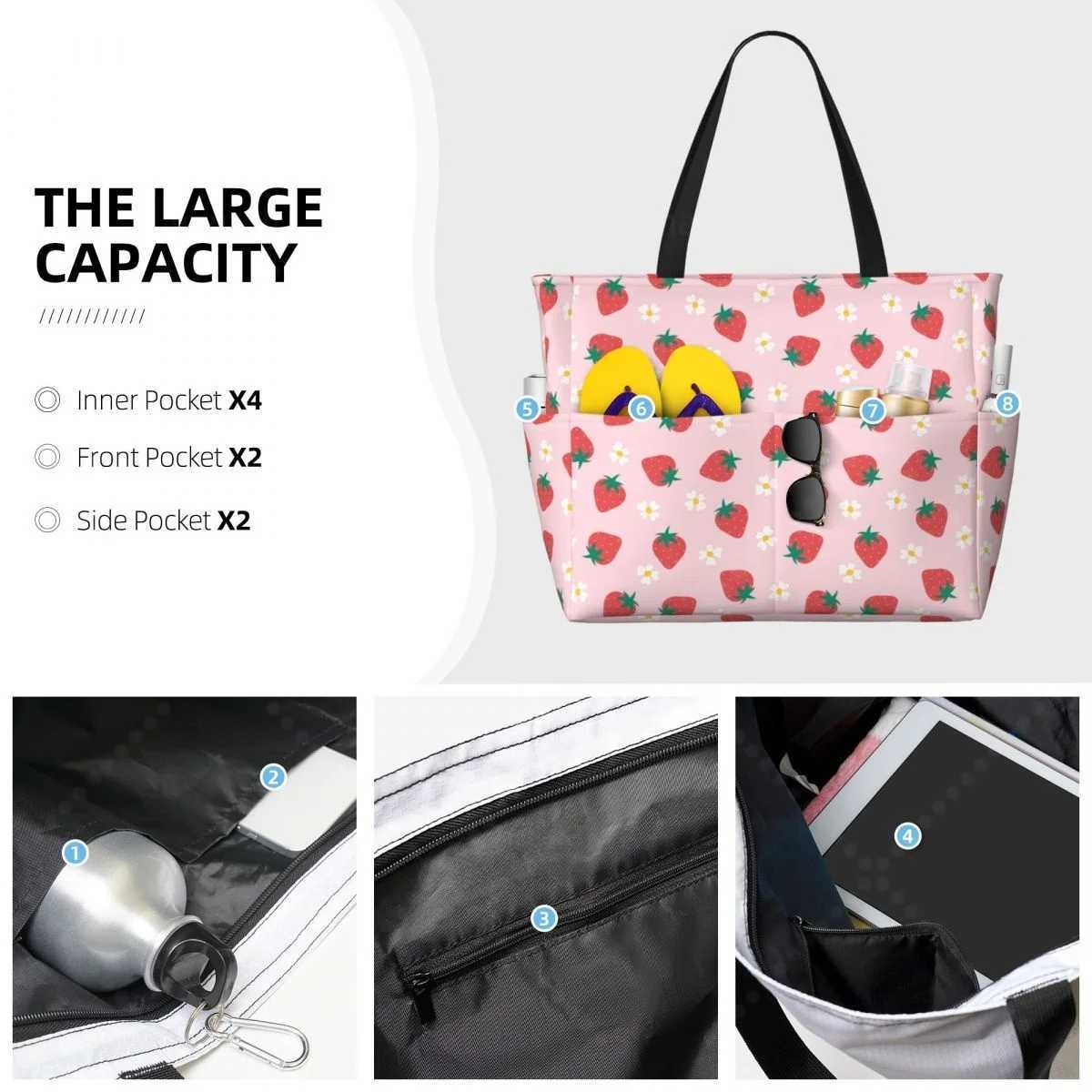 Strberry Travel Tote Bag Large Sandproof Beach Bag with Zipper and Pockets for Wens Brother Gym and Travel B250618