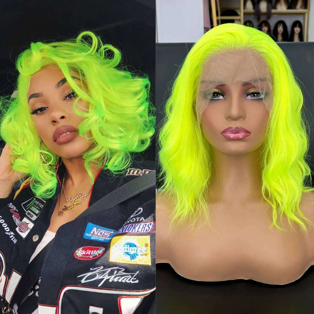 Short Curly Wavy Bob Women Synthetic Free Part Shoulder Length Neon Green 13X4 Lace Front Wigs for Party Cosplay