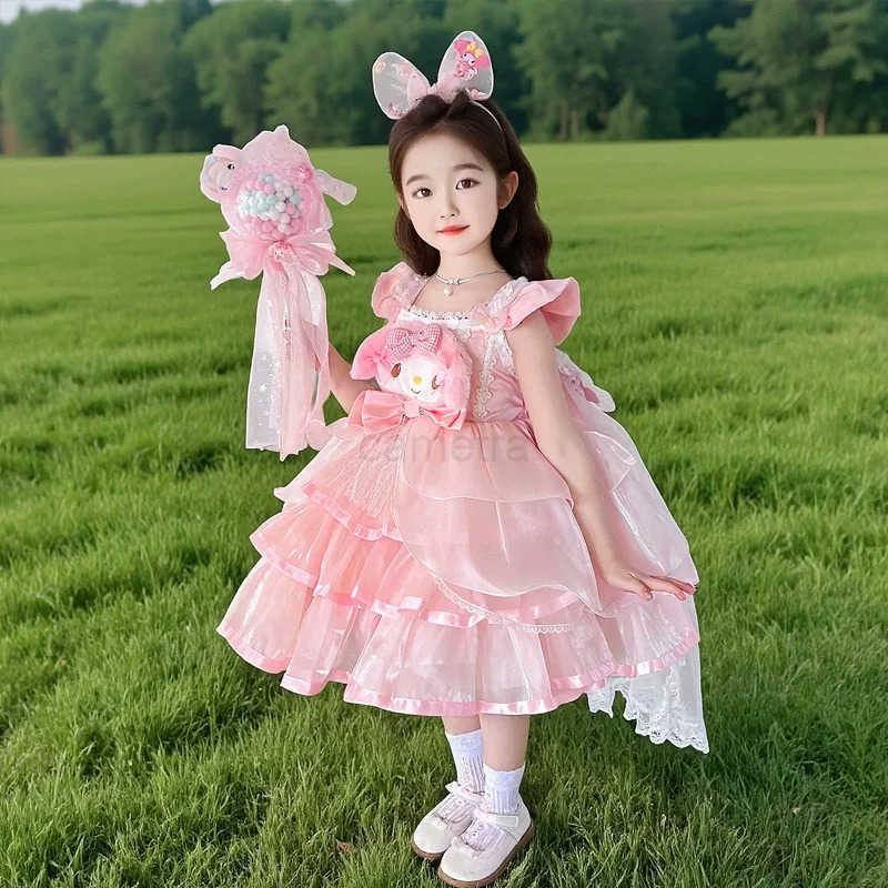 Sanrio Melody Princess Dress Girls Kawai Lolita Skirt Spring Summer Slip Dress Melody Headband Wand Cosplay Costume Birthday Party Kids XJ250618